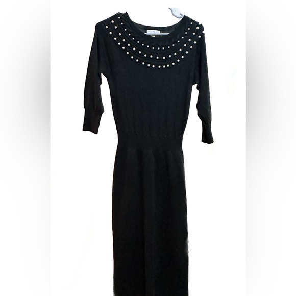 Black Cable Knit Sweater Dress with Pearl Details - Picture 4 of 8